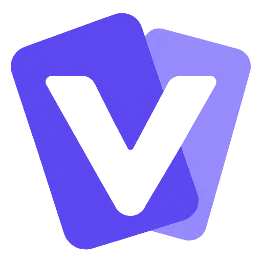 Virtual Business Card: overlapping violet cards forming a V